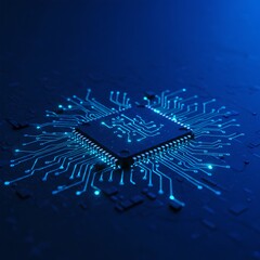 Poster - Digital microchip with circuit board connections on blue background. Artificial intelligence and data processing concept. Technology and innovation visualization.