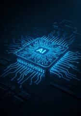 Poster - Ai chip glowing blue on circuit board. Artificial intelligence processor concept. Digital technology, machine learning, deep learning visualization