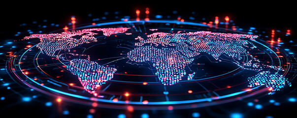 Poster - Stunning digital world map, glowing with vibrant red and blue hues, depicts global connectivity  data flow.  Perfect for tech, networking, globalization, and AI concepts.