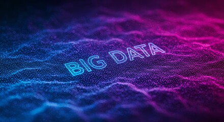 Poster - Big data visualization concept. Digital information technology background with glowing text on abstract landscape. Data analytics and machine learning illustration.