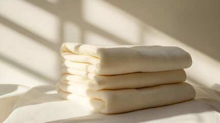 Folded off-white terrycloth towels are stacked on a white cloth illuminated by sun and shadow.