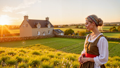 Contemplative French woman in Breton dress at sunrise, cultural heritage