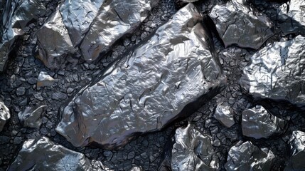 Aufkleber - Various metallic rocks with shiny surfaces and rough textures scattered across dark mineral soil, illuminated by ambient natural light, highlighting their unique geological formations.