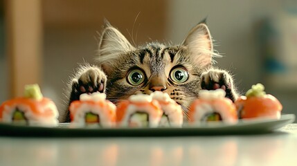 Wall Mural -   A close-up image of a cat on a food plate with sushi visible behind