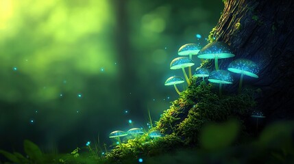 Wall Mural - a cluster of fungi sprouting from a tree's branch in a woodland, adorned by verdant moss on the trun