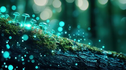 Wall Mural - a cluster of tiny mushrooms perched atop a moss-laden tree branch amidst a verdant forest showered w