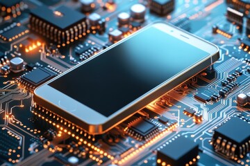 Poster - Smartphone resting on intricate circuit board highlighting modern technology
