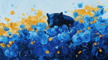 Poster -   A black cat painted amidst blue and yellow flowers against a blue sky