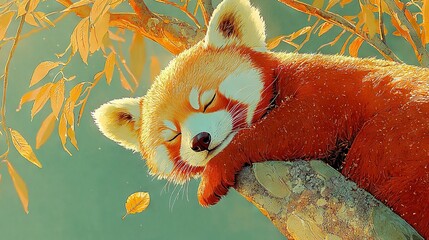 Poster -   Red panda sleeping on a tree branch amidst autumn leaves against a blue sky