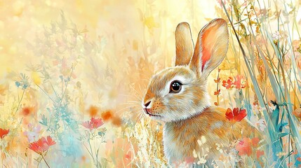 Wall Mural -   A painting of a rabbit sitting in a field of wildflowers and grass with a yellow sky in the backdrop