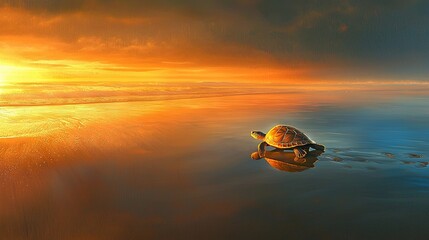 Poster -   A painting portrays a turtle swimming in a water body, under a setting sun, amidst cloudy skies