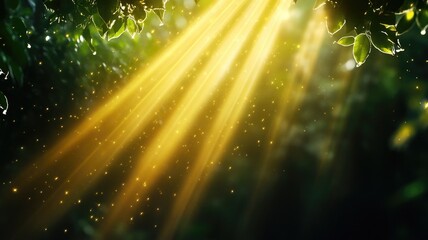 Wall Mural - sunlight beams through forest foliage, creating serene and magical atmosphere with visible particles