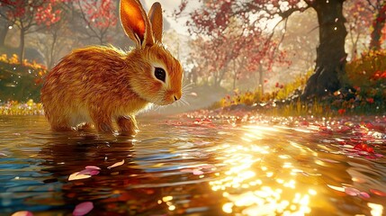 Poster -   A digital painting of a rabbit in a pond, with trees and leaves surrounding it, and sunlight in the background