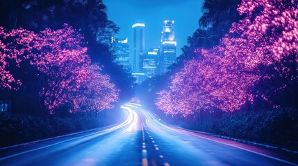 Canvas Print - Night road, city lights, pink trees, urban glow