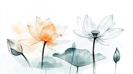 Poster -   A watercolor painting of three flowers on a white background with a blue and orange centerpiece