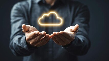 Poster - Cloud technology representation with hands showing digital cloud concept in dark setting