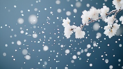 Wall Mural - a snow-covered branch with falling snowflakes against a blue sky backdrop
