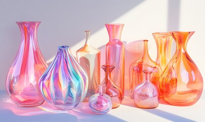 Poster - Collection of Colorful Glass Vases with Different Shapes and Sizes on a Light Background