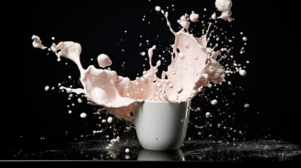 Wall Mural -   A splash of milk in a white cup on a black surface with droplets of milk spilling from the cup