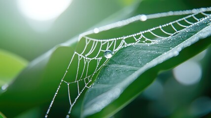Close-up of spider web with dewdrops on green leaf in sunlight