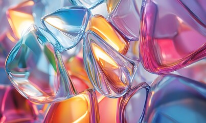 Poster - Abstract geometric glass shapes with iridescent colors, flowing liquid forms and modern design
