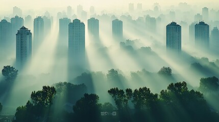 Wall Mural - a cityscape featuring lush trees in the foreground and towering buildings in the background
