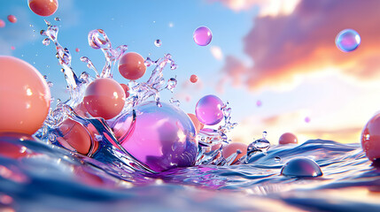 Poster - Surreal 3D Rendering of Pink and Purple Spheres Splashing in Water at Sunset
