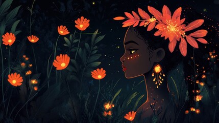 Poster - Illustration of a Woman with Glowing Orange Flowers Against a Dark Background Surrounded by Lush Green Foliage and a Magical Nighttime Ambience