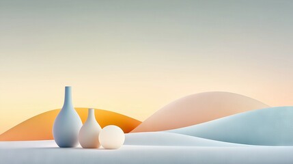 Wall Mural - three white vases sit on a white table, against an orange-yellow background