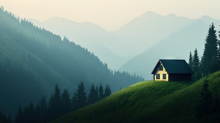 Wall Mural -   Small house on green hill, forest in background, mountains distant