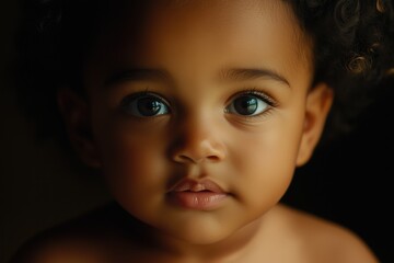 Wall Mural - A close-up portrait of a baby with curly hair and expressive blue eyes.