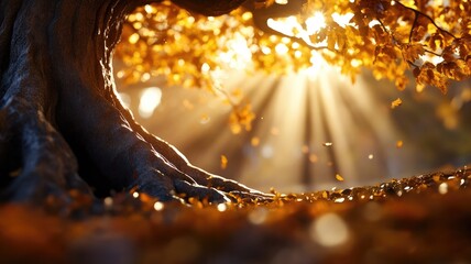 Wall Mural - sunlight filters through autumn tree with golden leaves, creating serene and magical atmosphere