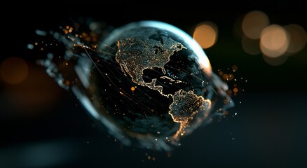 Poster - The combination of data analytics, corporate logistics, and business strategy is enhanced by advancements in internet technologies and virtual reality, shown in a 3d hologram illustration of a planet