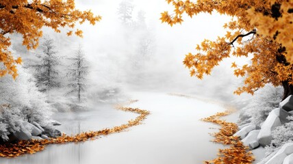 Wall Mural - scenic autumn landscape with vibrant orange leaves along peaceful river