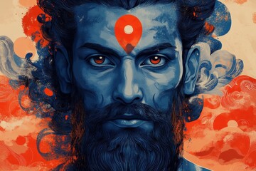 Poster - Digital Artistic Depiction of a Mystical Blue Figure with Intricate Designs Featuring Orange Accents Highlighting Eyes and Forehead in a Symbolic Setting