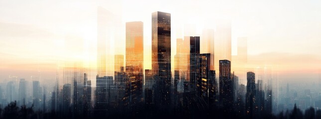 Poster - The concept of a modern city and communication network, incorporating IoT, smart city initiatives, and digital transformation, suitable for a wide banner advertisement