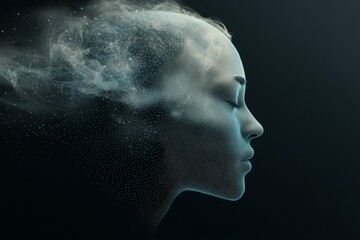 Poster - A dark backdrop features an abstract polygonal head outline with a mock-up placeholder, symbolizing the concept of AI and human intellect through 3D rendering