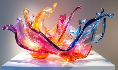 Poster - Abstract multi-colored glass sculpture with fluid shapes and glossy reflections on a white pedestal