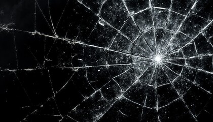Close-up of cracked glass with intricate spider web pattern on dark background