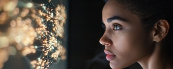 Poster - A woman is gazing at a hologram, captured in a wide-angle shot suitable for banners or advertisements