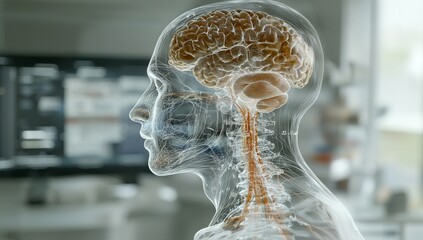 Poster - Digital display featuring a holographic projection of the human body with various parameters and data, available as stock