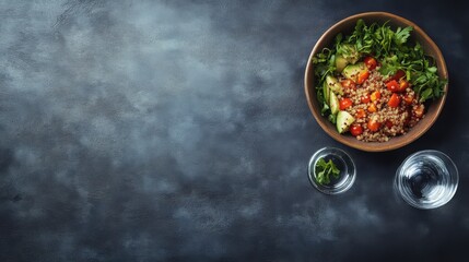 Wall Mural - Quinoa Salad with Cherry Tomatoes and Avocado on a Dark Background