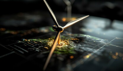 Poster - Design for a futuristic interface of a wind turbine energy control center, incorporating a digital data network and battery management system, utilizing green renewable power technology software and