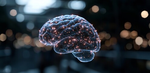 Poster - A Digital Brain Hologram Hud represents the fusion of stock AI, deep learning, and business technology within the internet network