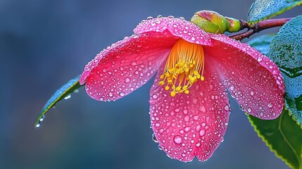 Wall Mural -   Close-up of a pink flower with water droplets and a green leaf nearby