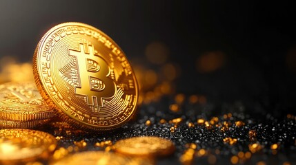 Golden Bitcoin closeup, dark background, finance, wealth