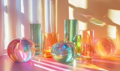 Poster - Iridescent Glassware Collection Displayed on a Light Pink Surface With Soft Lighting