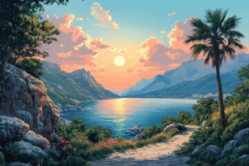 Wall Mural - Captivating Sunset Over a Serene Lake Surrounded by Rugged Mountains and Lush Greenery with a Scenic Pathway Leading to the Water's Edge