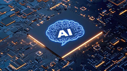 Poster - Futuristic AI microchip embedded in a circuit board with glowing neural patterns, symbolizing artificial intelligence and machine learning. Ideal for technology, innovation, and computing concepts