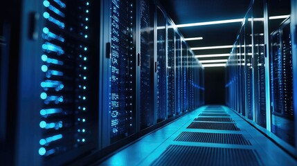 Poster - Advanced data center with glowing blue server racks in a high-tech environment, symbolizing cloud computing, cybersecurity, and digital storage. Ideal for IT, technology, and network security visuals